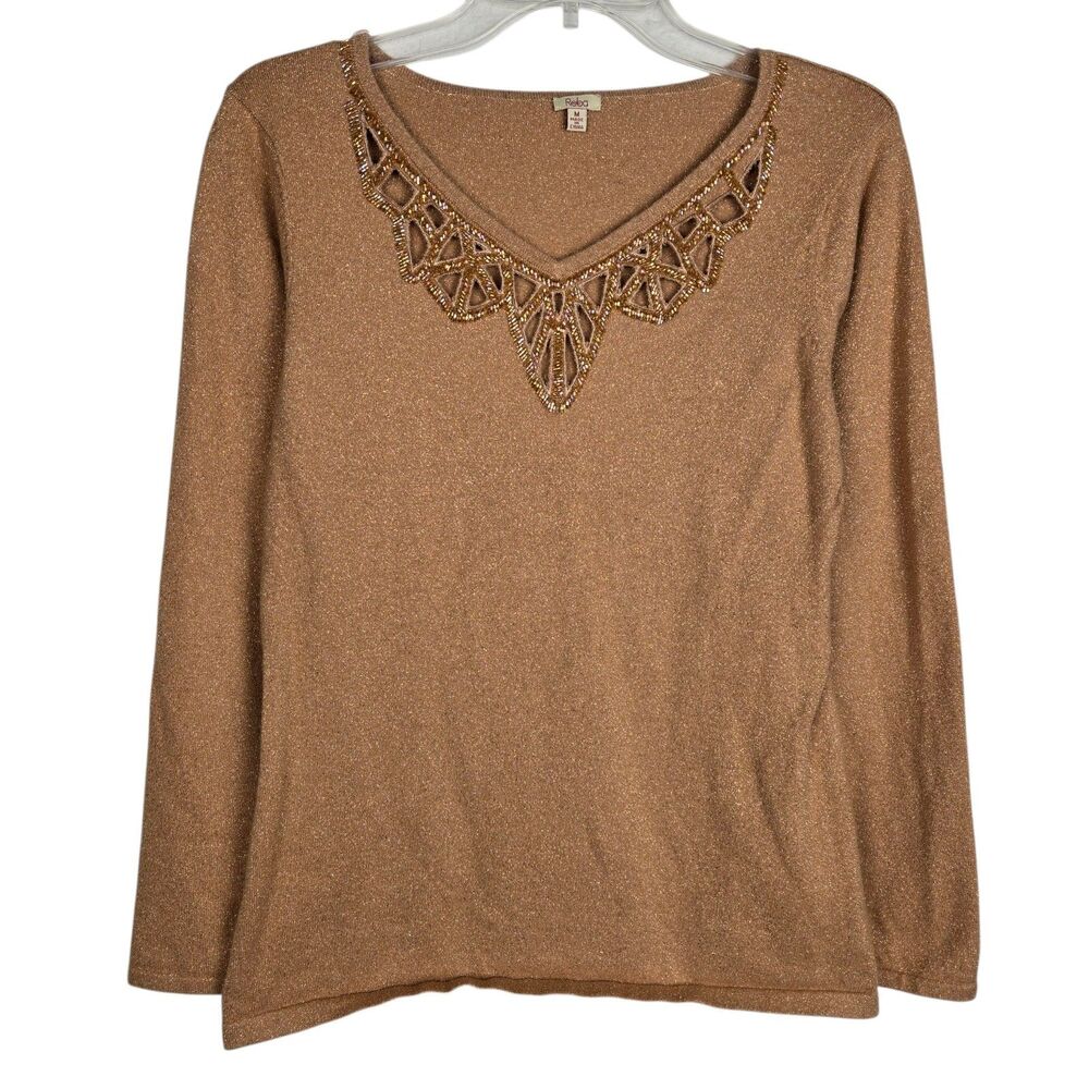 Reba Gold Metallic Beaded Cutout Knit Top Sz M Stretch Long Sleeve Holiday